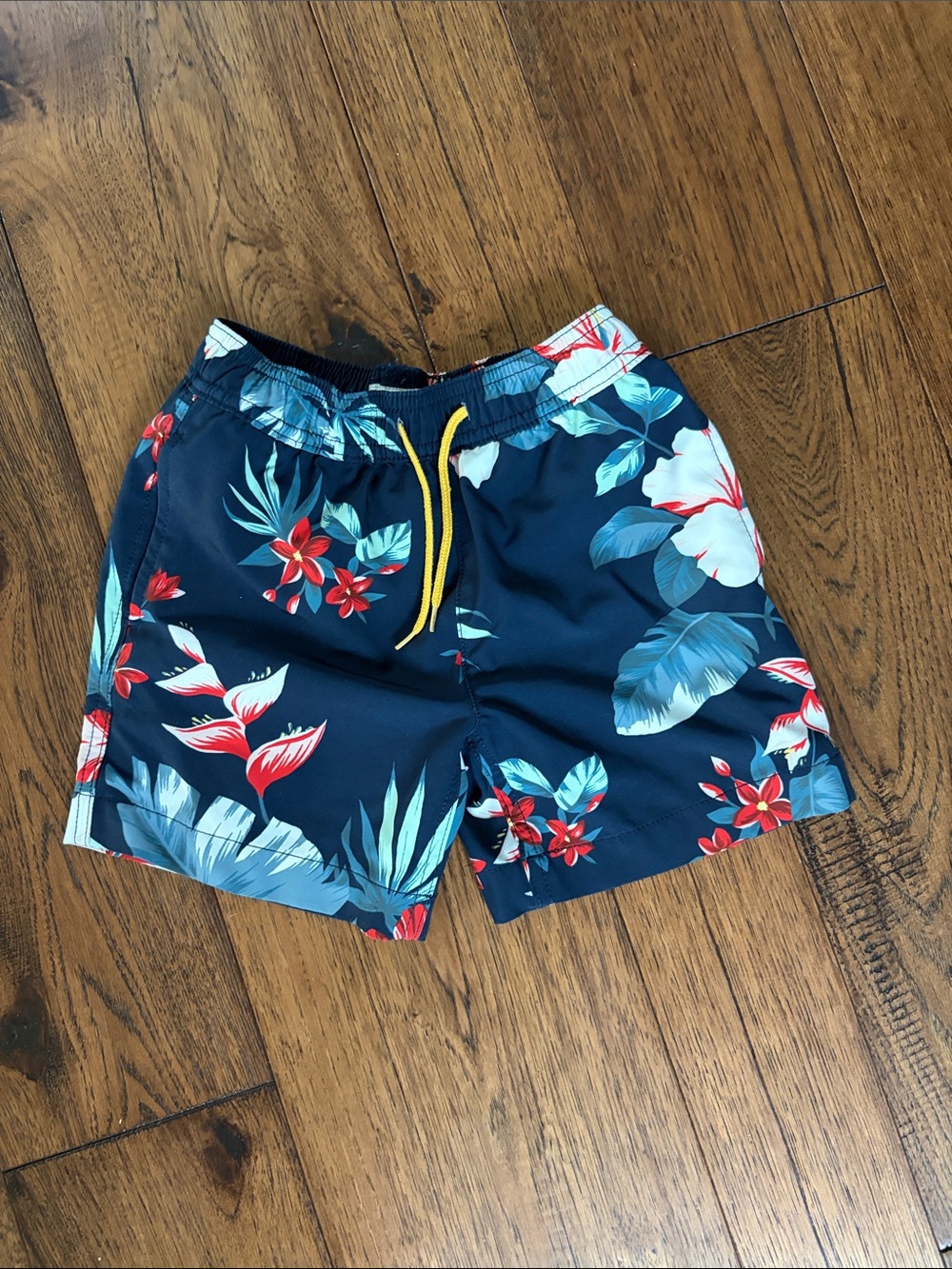 Crewcuts Navy Floral Swim Shorts with Yellow Drawstring
